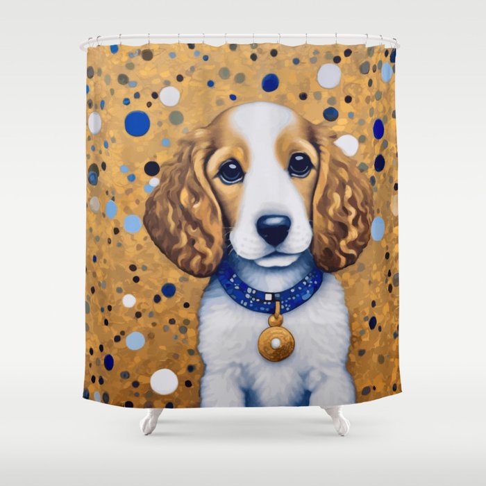 Gustav Klimt Style Puppy Dog with Blue Collar Shower Curtain Gallery Image 1