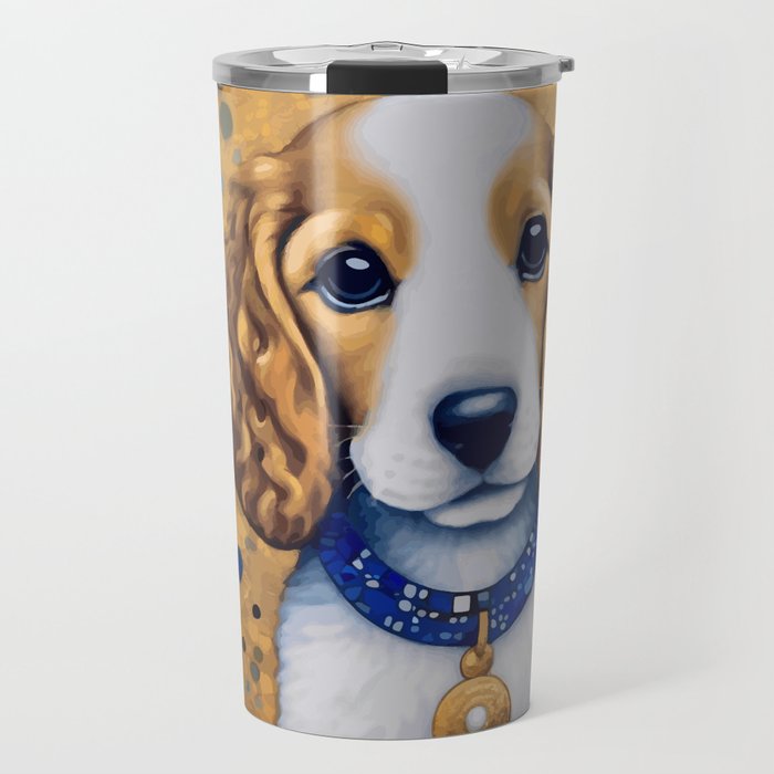 Gustav Klimt Style Puppy Dog with Blue Collar Travel Mug Gallery Image 1