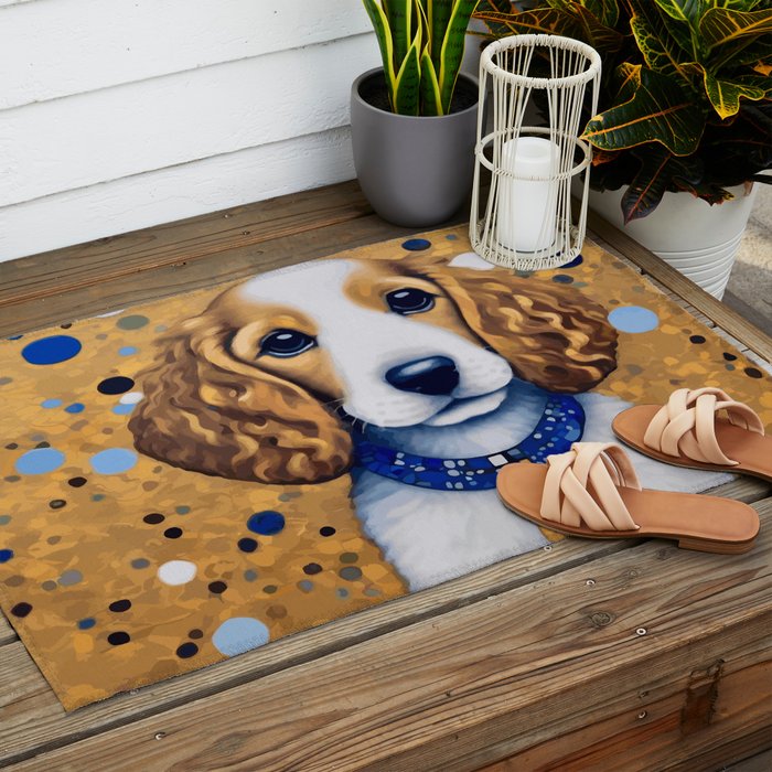 Gustav Klimt Style Puppy Dog with Blue Collar Outdoor Rug Gallery Image 2