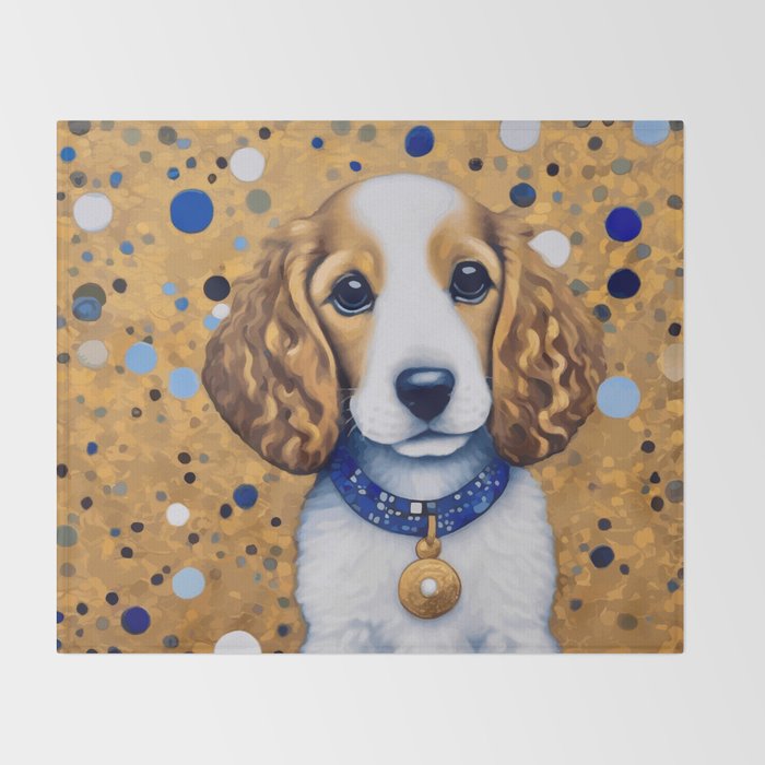 Gustav Klimt Style Puppy Dog with Blue Collar Throw Blanket Gallery Image 2