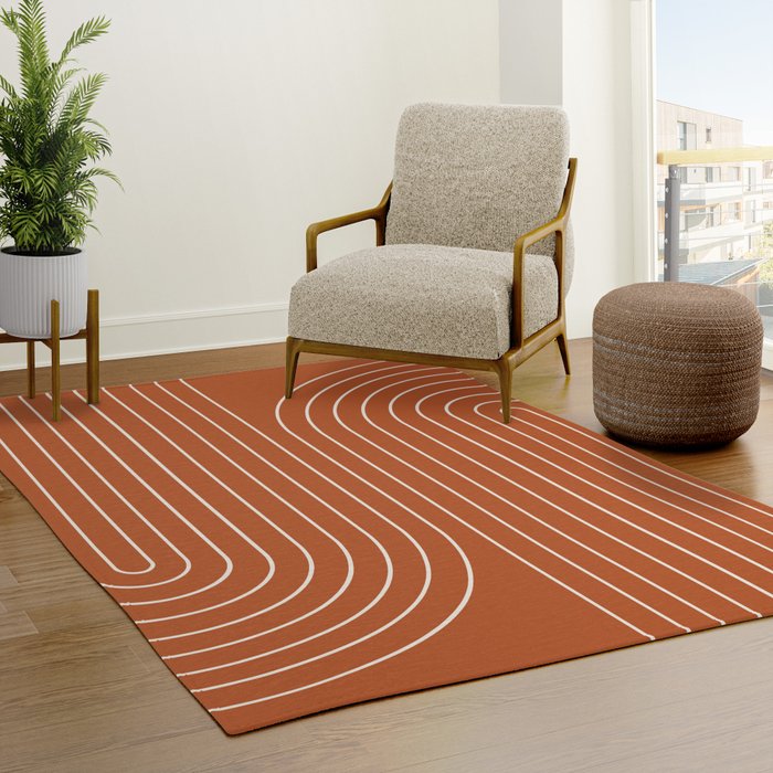 Minimal Line Curvature IX Red Mid Century Modern Arch Abstract Rug Gallery Image 3