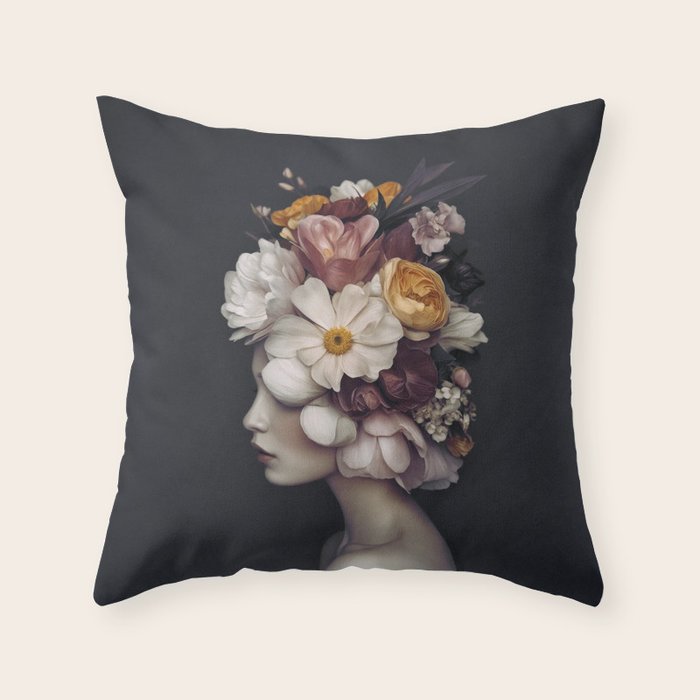 Graceful Blossom Serenity Female Portrait Throw Pillow Gallery Image 1