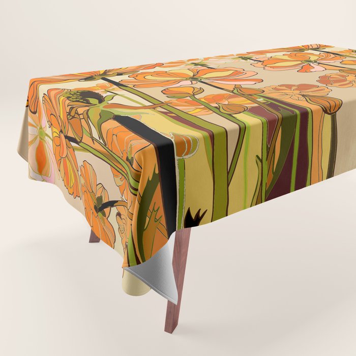 70s, Orange California poppies, mid century, 70s retro, flowers Tablecloth Gallery Image 1