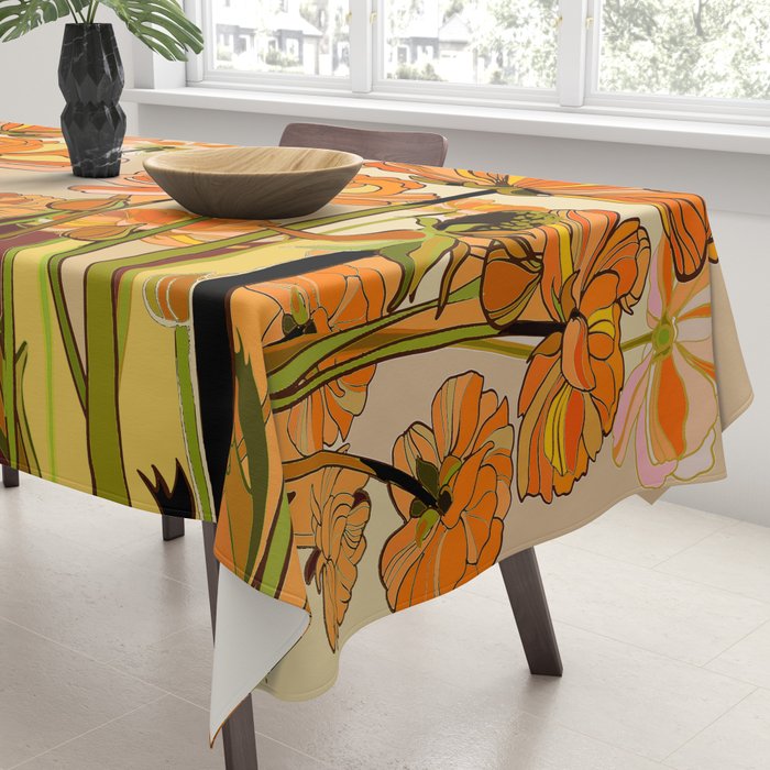 70s, Orange California poppies, mid century, 70s retro, flowers Tablecloth Gallery Image 3