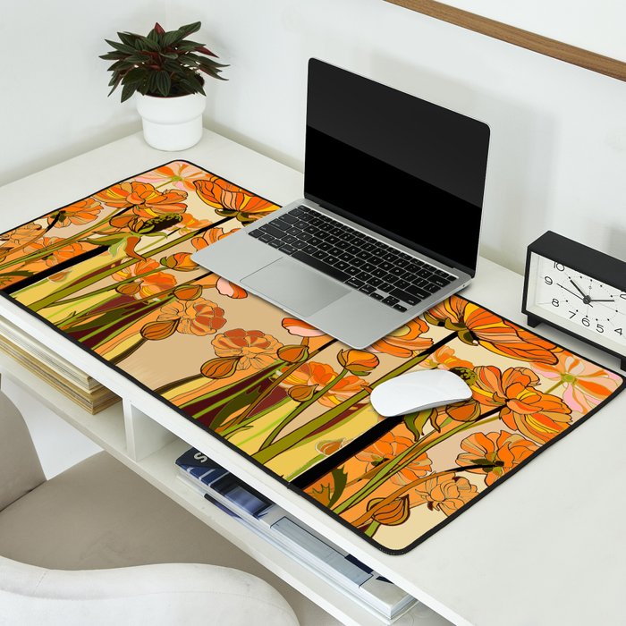 70s, Orange California poppies, mid century, 70s retro, flowers Desk Mat Gallery Image 2