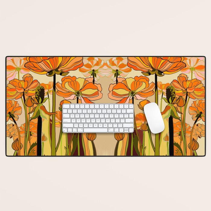 70s, Orange California poppies, mid century, 70s retro, flowers Desk Mat Gallery Image 1