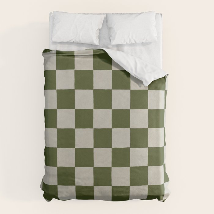 checkerboard hand-painted-olive Duvet Cover Gallery Image 1