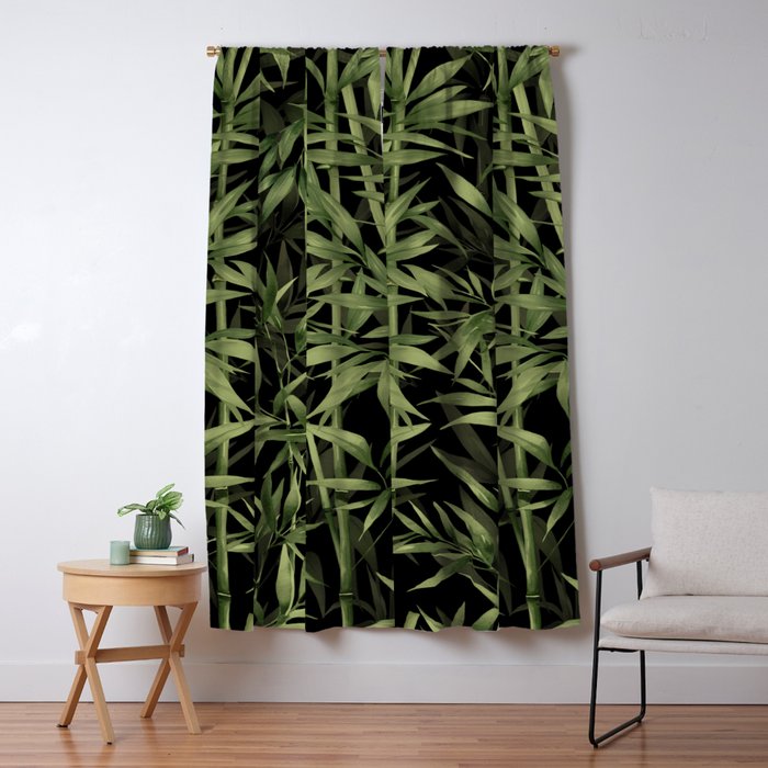 Calm Nature Beauty Bamboo Botanical Watercolor Art Black Window Curtain Gallery Image 1