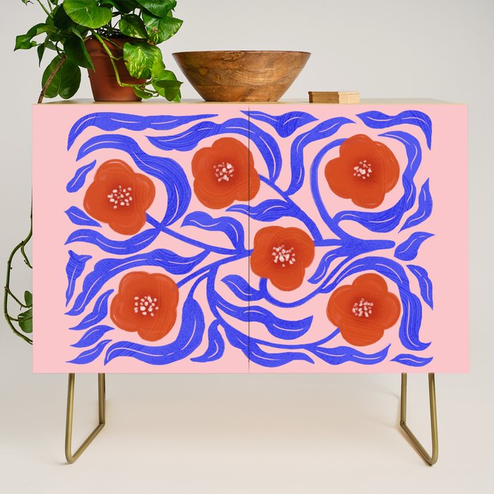 Bold Red Flowers And Blue Leaves Credenza Gallery Image 1