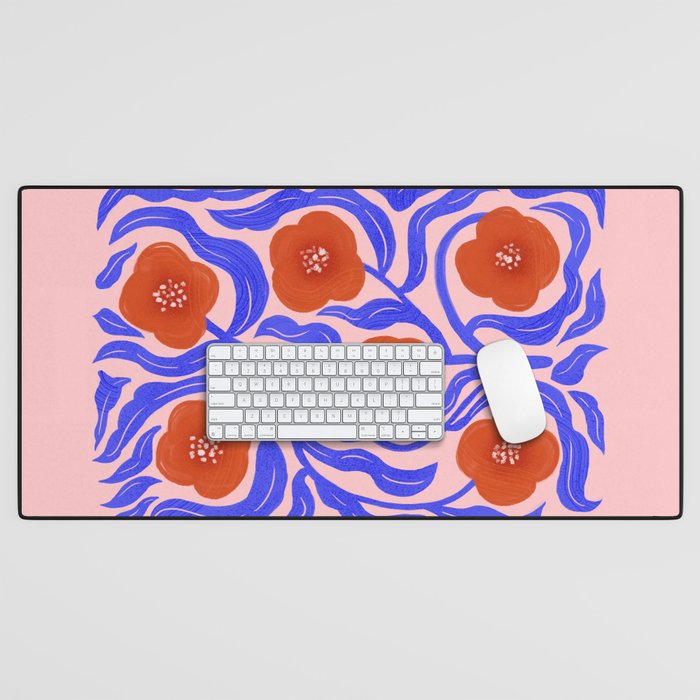 Bold Red Flowers And Blue Leaves Desk Mat Gallery Image 1