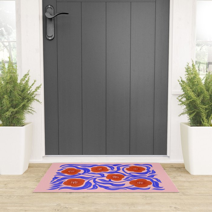 Bold Red Flowers And Blue Leaves Welcome Mat Gallery Image 3
