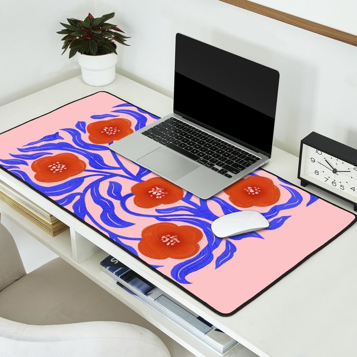 Bold Red Flowers And Blue Leaves Desk Mat Gallery Image 2
