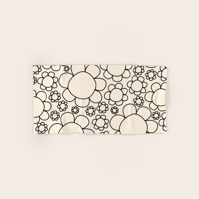 Cheerful Doodle Flowers Pattern in Black and Almond Cream Bath Towel Gallery Image 1