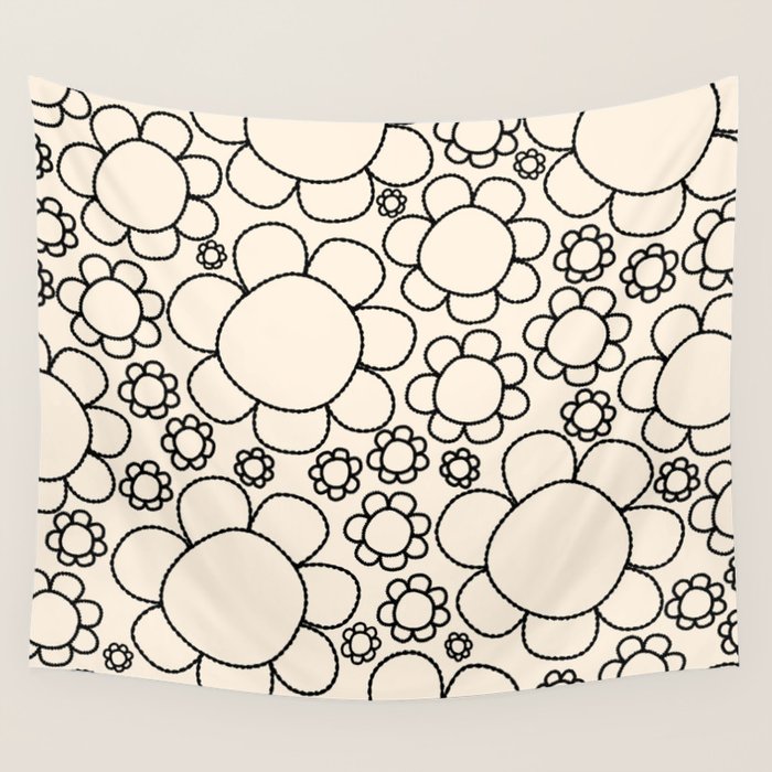 Cheerful Doodle Flowers Pattern in Black and Almond Cream Wall Tapestry Gallery Image 1