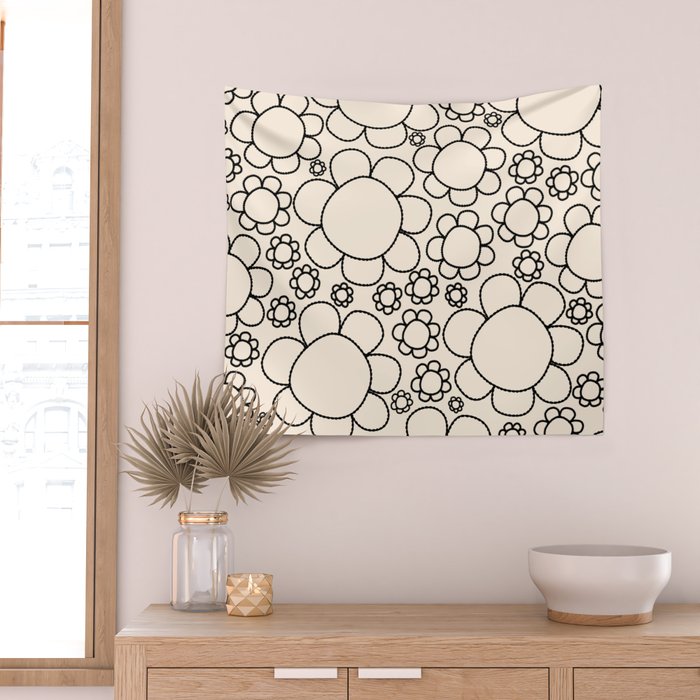 Cheerful Doodle Flowers Pattern in Black and Almond Cream Wall Tapestry Gallery Image 2