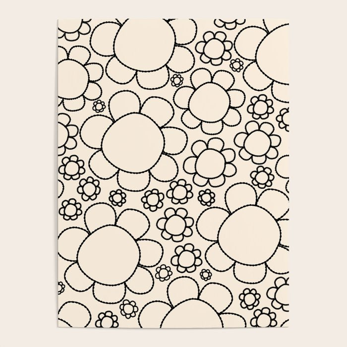 Cheerful Doodle Flowers Pattern in Black and Almond Cream Poster Gallery Image 4