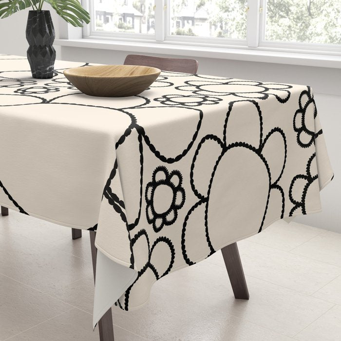 Cheerful Doodle Flowers Pattern in Black and Almond Cream Tablecloth Gallery Image 3