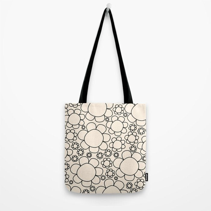 Cheerful Doodle Flowers Pattern in Black and Almond Cream Tote Bag Gallery Image 2
