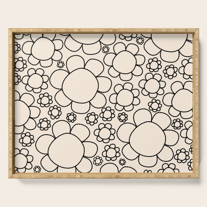 Cheerful Doodle Flowers Pattern in Black and Almond Cream Serving Tray Gallery Image 1