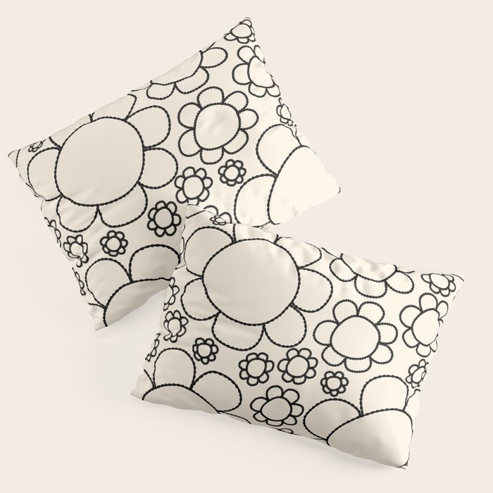 Cheerful Doodle Flowers Pattern in Black and Almond Cream Pillow Sham Gallery Image 1