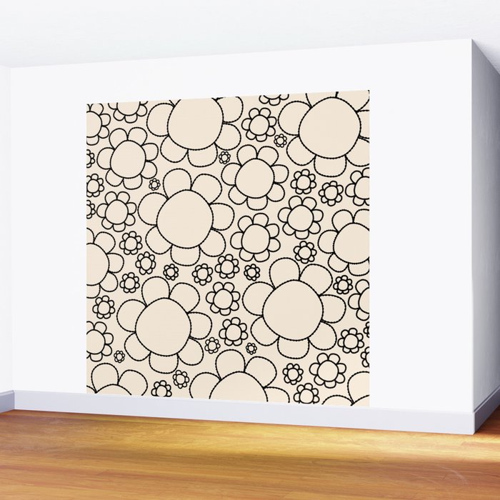 Cheerful Doodle Flowers Pattern in Black and Almond Cream Wall Mural Gallery Image 2