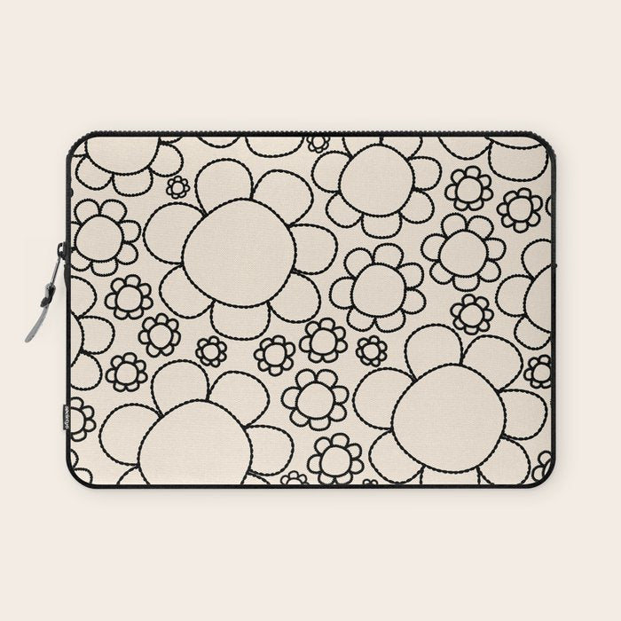 Cheerful Doodle Flowers Pattern in Black and Almond Cream Laptop Sleeve Gallery Image 1