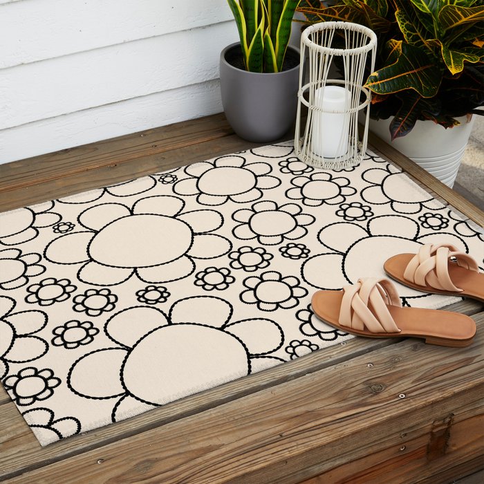 Cheerful Doodle Flowers Pattern in Black and Almond Cream Outdoor Rug Gallery Image 2