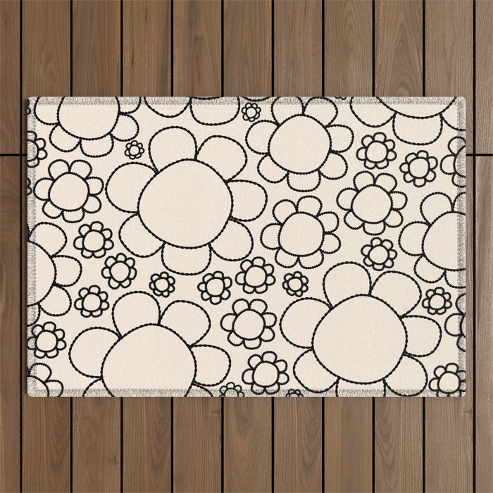 Cheerful Doodle Flowers Pattern in Black and Almond Cream Outdoor Rug Gallery Image 1
