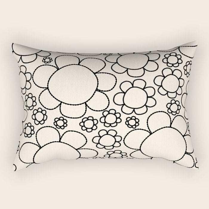 Cheerful Doodle Flowers Pattern in Black and Almond Cream Rectangular Pillow Gallery Image 2