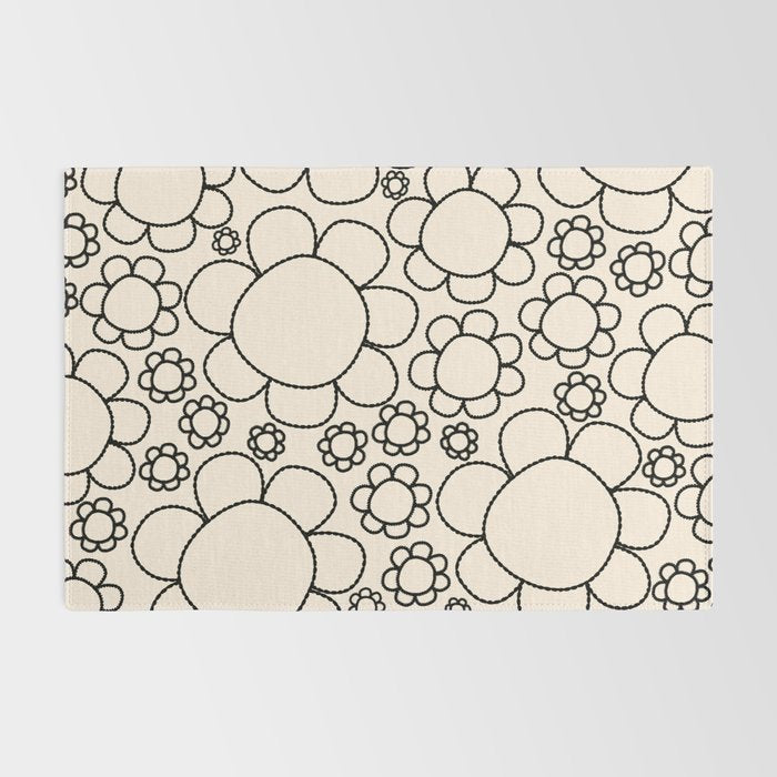 Cheerful Doodle Flowers Pattern in Black and Almond Cream Rug Gallery Image 2