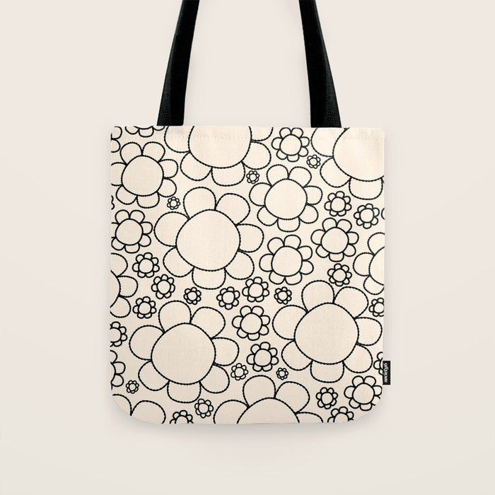 Cheerful Doodle Flowers Pattern in Black and Almond Cream Tote Bag Gallery Image 1