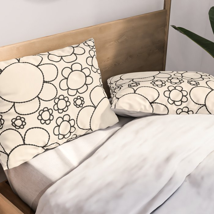 Cheerful Doodle Flowers Pattern in Black and Almond Cream Pillow Sham Gallery Image 2