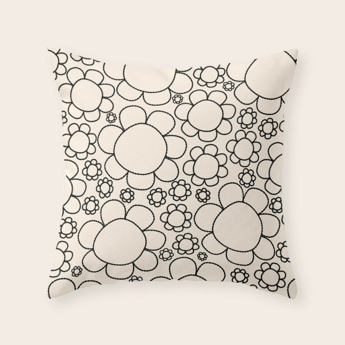 Cheerful Doodle Flowers Pattern in Black and Almond Cream Throw Pillow Gallery Image 1