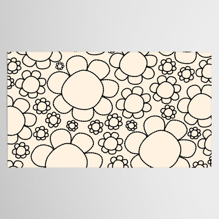 Cheerful Doodle Flowers Pattern in Black and Almond Cream Tablecloth Gallery Image 2