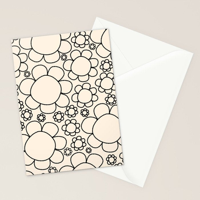 Cheerful Doodle Flowers Pattern in Black and Almond Cream Stationery Card Gallery Image 2
