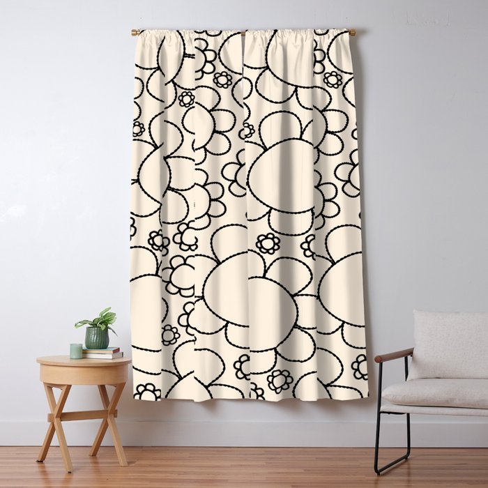 Cheerful Doodle Flowers Pattern in Black and Almond Cream Window Curtain Gallery Image 5