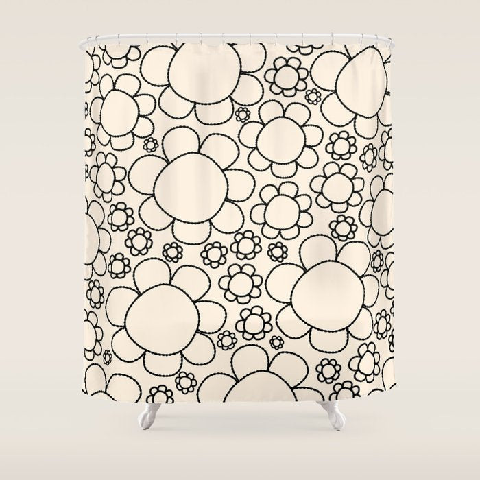 Cheerful Doodle Flowers Pattern in Black and Almond Cream Shower Curtain Gallery Image 1