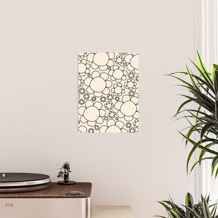 Cheerful Doodle Flowers Pattern in Black and Almond Cream Poster Gallery Image 2