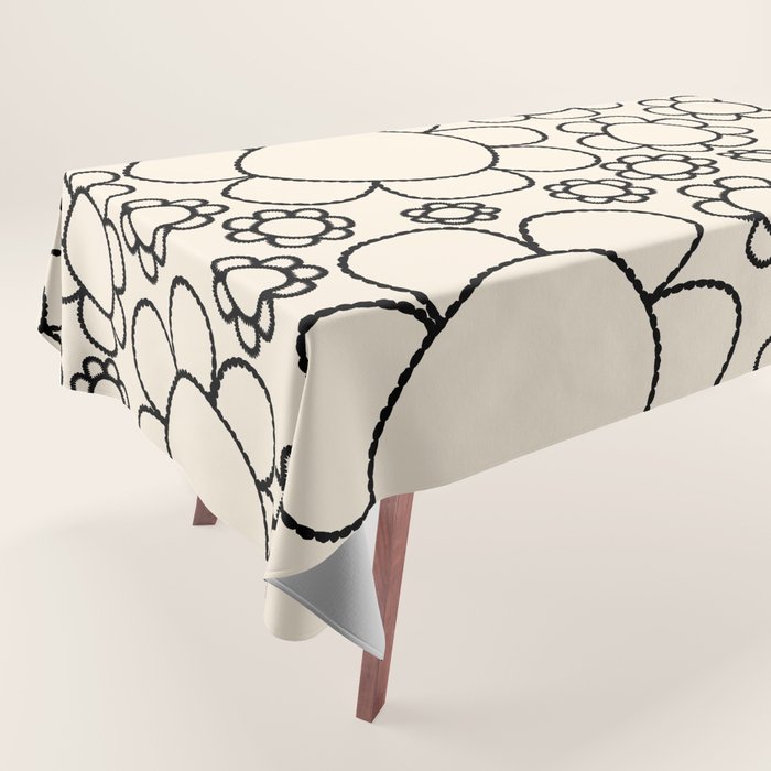 Cheerful Doodle Flowers Pattern in Black and Almond Cream Tablecloth Gallery Image 1