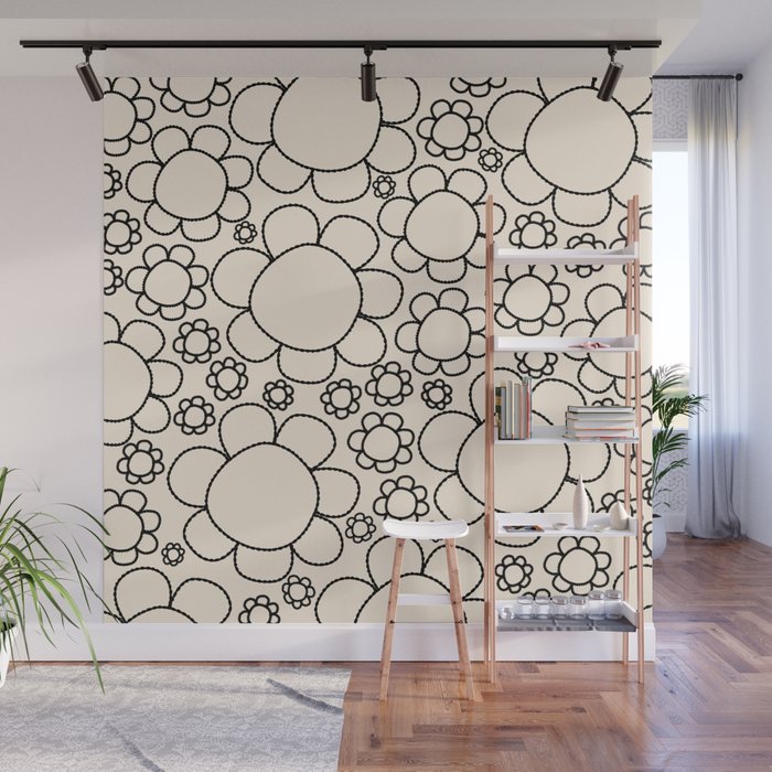 Cheerful Doodle Flowers Pattern in Black and Almond Cream Wall Mural Gallery Image 1