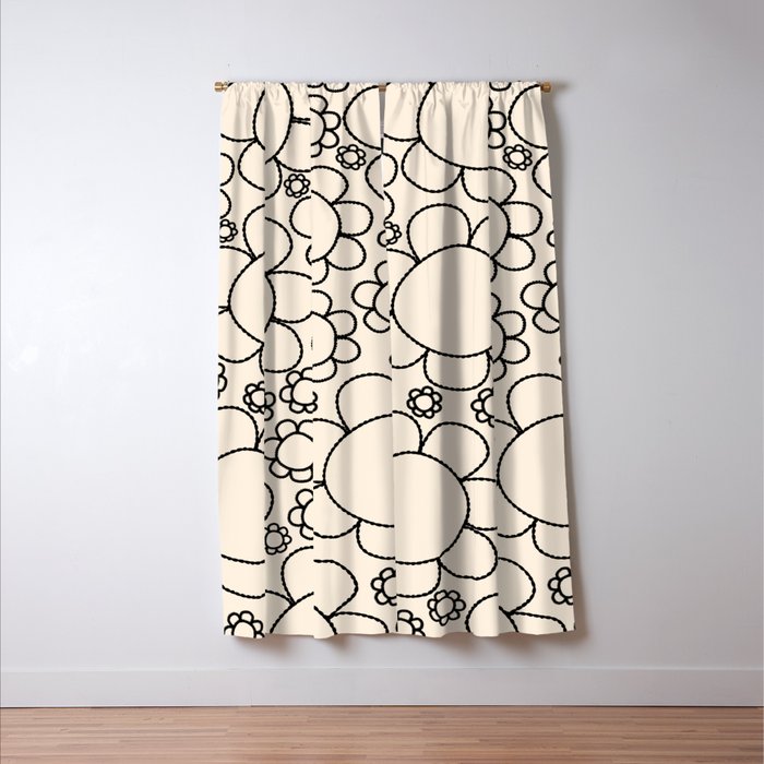 Cheerful Doodle Flowers Pattern in Black and Almond Cream Window Curtain Gallery Image 3