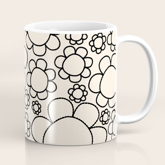 Cheerful Doodle Flowers Pattern in Black and Almond Cream Coffee Mug Gallery Image 1
