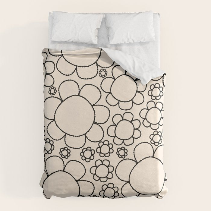 Cheerful Doodle Flowers Pattern in Black and Almond Cream Duvet Cover Gallery Image 6