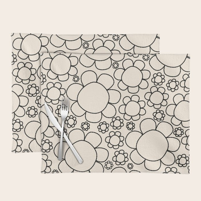 Cheerful Doodle Flowers Pattern in Black and Almond Cream Placemat Gallery Image 1