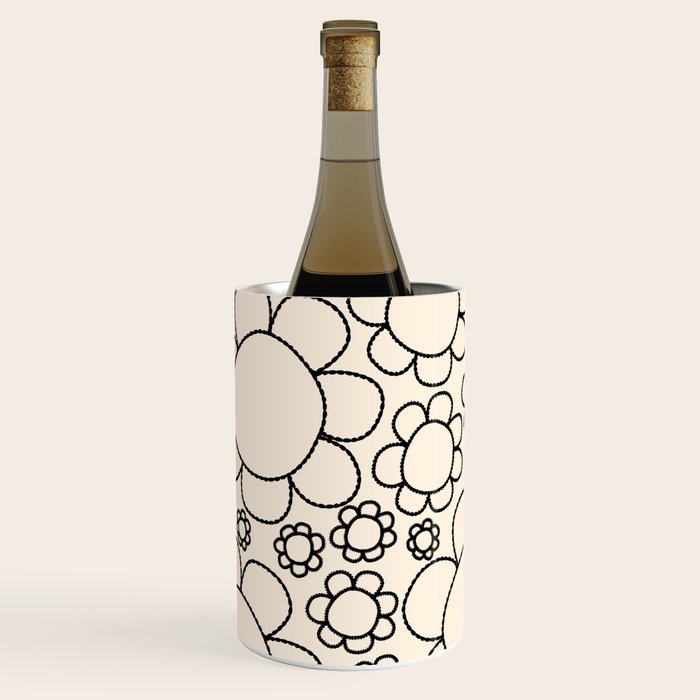 Cheerful Doodle Flowers Pattern in Black and Almond Cream Wine Chiller Gallery Image 1