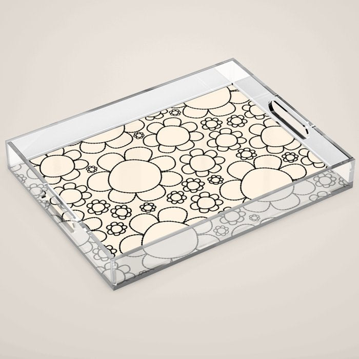 Cheerful Doodle Flowers Pattern in Black and Almond Cream Acrylic Tray Gallery Image 1