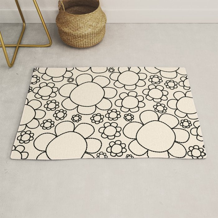Cheerful Doodle Flowers Pattern in Black and Almond Cream Rug Gallery Image 1