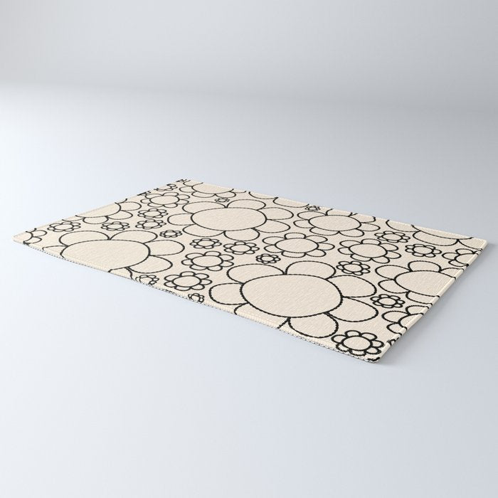 Cheerful Doodle Flowers Pattern in Black and Almond Cream Rug Gallery Image 3