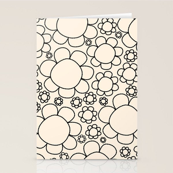 Cheerful Doodle Flowers Pattern in Black and Almond Cream Stationery Card Gallery Image 2