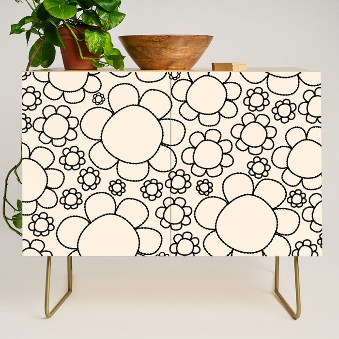 Cheerful Doodle Flowers Pattern in Black and Almond Cream Credenza Gallery Image 1